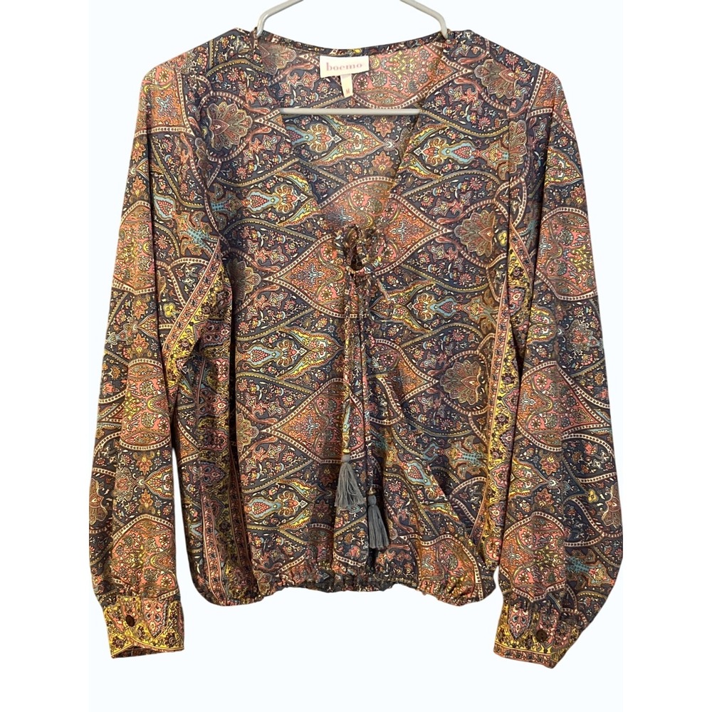 Boemo Boho Paisley Print Peasant Blouse Tassel Tie Long Sleeve M - Picture 2 of 10